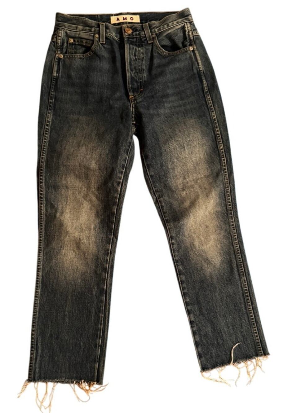 AMO "Stella" Wash Medium Vintage Cropped Straight Jeans, Raw Hem, Size 26